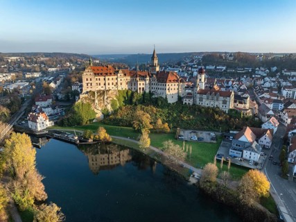 Aerial view of the town of Sigmaringen with the Hohenzollern Castle, a sight and tourist attraction