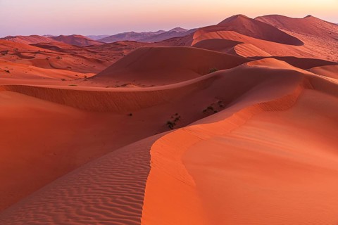 Wind-sculpted sand dunes at sunrise in the Rub al Khali desert, Dhofar province, Arabian Peninsula,