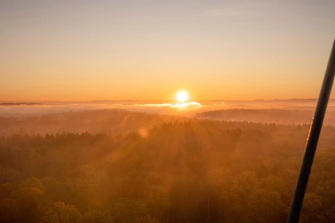 The sun rises over misty forests, bathing the landscape in warm light, Herrenberg, Schönbuchturm,