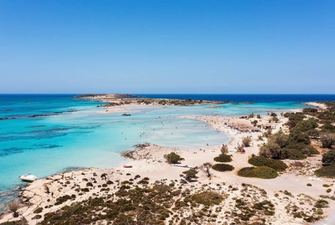Drone shot, Elafonissi beach, south-west Crete, Crete, Greece, Europe