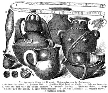 The treasure of Priam from Troy, excavated by Heinrich Schliemann, a find of gold and silver
