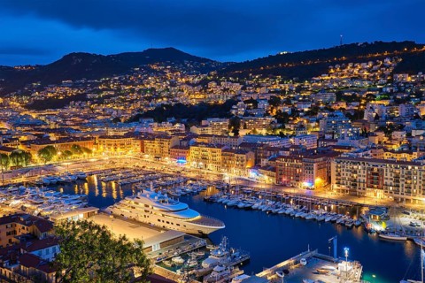 View of Old Port of Nice with luxury yacht boats from Castle Hill, France, Villefranche-sur-Mer,