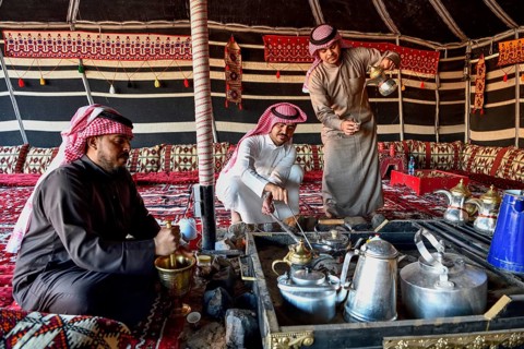 Bedouins preparing coffee, Ashar Valley, AlUla region, Medina province, Saudi Arabia, Arabian