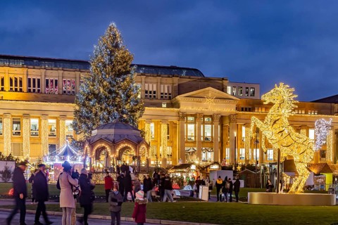 Stuttgart Christmas market in the evening. Traditional event with more than 3.5 million visitors
