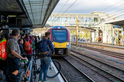 Greater Anglia class 755 FLIRT train arriving at platform, Cambridge, Cambridgeshire, England, UK