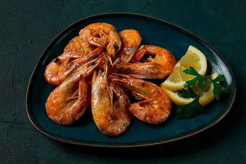 Fried with spices, King prawns, undivided, top view, selective focus, seafood, shrimp, no people