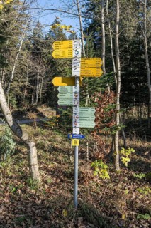 Various hiking signposts on the 980 metre high Klippeneck on the western edge of the Swabian Alb,