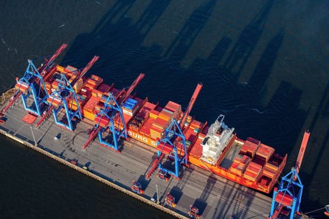 Aerial view of the container ship of the shipping company Hamburg Süd the Santa Teresa at the