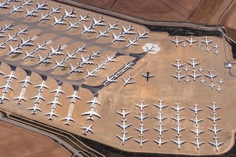 Aerial view of parked commercial aircraft at Teruel Airport in Aragon, parking, storage, scrapping,