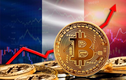 Bitcoin rising with France flag in the background. Bitcoin with France flag in the background