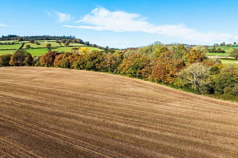 Fields and Farms over River Usk from a drone, Brecon, Brecon Beacons, Powys, Wales, England, United