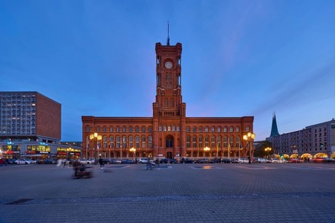 Red Town Hall at dusk, Rathausstraße, Berlin, capital city, independent city, federal state Berlin,