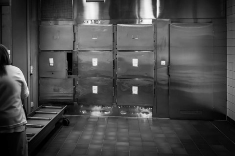 Hospital, morgue, pathology, cold room with metal doors and sterile-looking surroundings in black