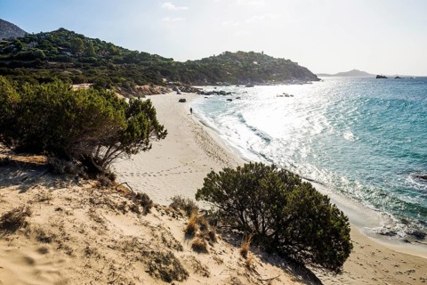 Lonely sandy beach and rocks, Spiaggia di Porto Sa Ruxi, Villasimius, south coast, Sardinia, Italy,