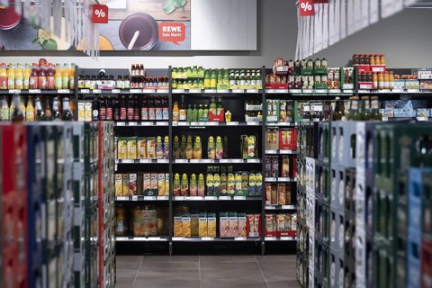 Drinks shelves in a REWE supermarket