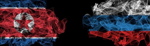 Flags of North Korea and Russia on Black background, North Korea vs Russia Smoke Flags