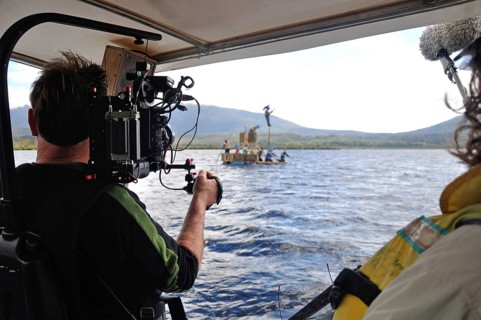 Cameraman and sound recordist at work on the lake