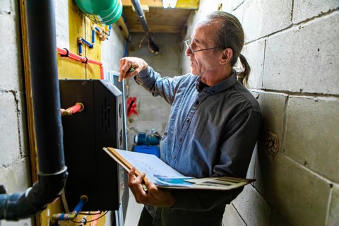Middle aged home Inspector is visiting the equipment technical room during an inspection. Caucasian