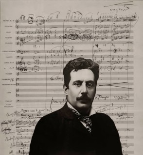 Giacomo Puccini, 1858 –1924, Italian composer, digitally edited according to a photograph, notation
