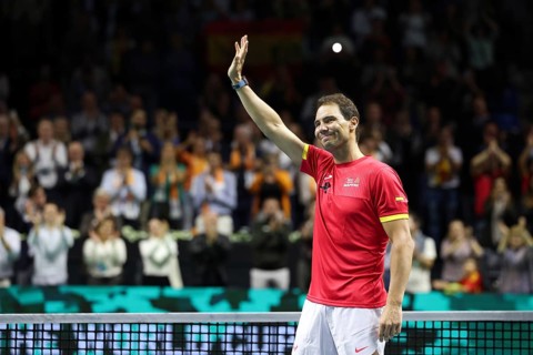 Rafael Nadal (ESP) waving during a tribute ceremony as he retires from playing professional tennis