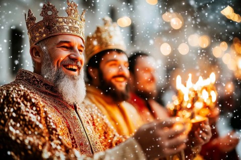 Wise Men wearing crowns and golden robes joyfully celebrate in a snowy Christmas scene with bright