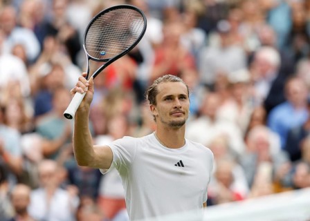 German tennis player Alexander Zverev in action at the 2024 Wimbledon Championships, London,