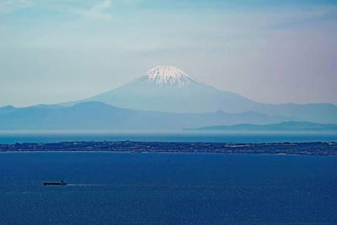 Mount Fuji by the sea, seen from Mount Nokogiri in Chiba, east of Tokyo