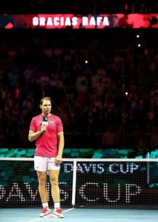 Rafael Nadal (ESP) speaks during a tribute ceremony as he retires from playing professional tennis
