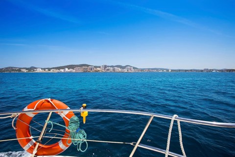 Ibiza San Antonio Abad Sant Antonio de Portmany view from boat at Balearic