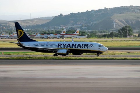 Madrid, Spain, Europe, A Ryanair aircraft is on the runway, ready for take-off, Europe