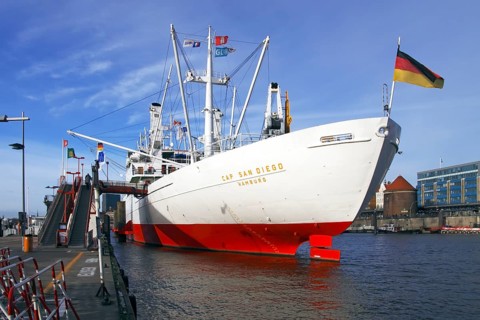 Museum ship 'Cap San Diego', Überseebrücke in Hamburg harbour, Elbe, Hamburg, Germany, Europe