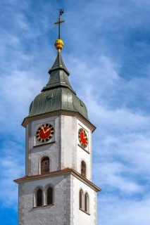 Church tower with clocks of the Roman Catholic Church of St Verena, Bad Wurzach, Allgäu,
