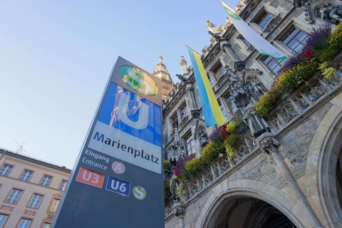 Marienplatz in Munich, Ukraine, flag, Bavaria, Free State, Isar, Germany. Underground, S-Bahn,