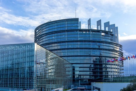 EU flags on poles in front of the Glass Fasadz building and the entrance to the European