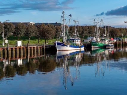 Crab cutter in the harbour of Büsum with reflection in the sea and illuminated by the morning sun,