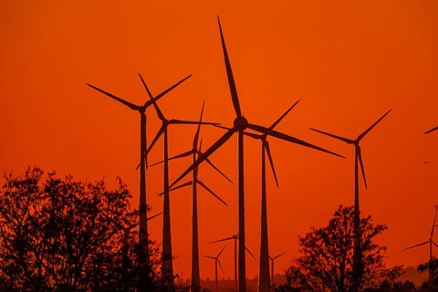 Wind turbines at sunset, Bad Wünnenberg, North Rhine-Westphalia, Germany, Europe