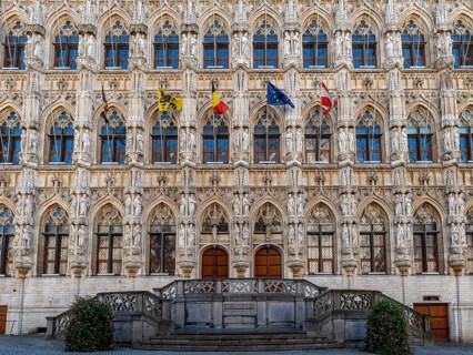 Detail of the entrance to the late Gothic-style town hall of Leuven (Historisch Stadhuis van