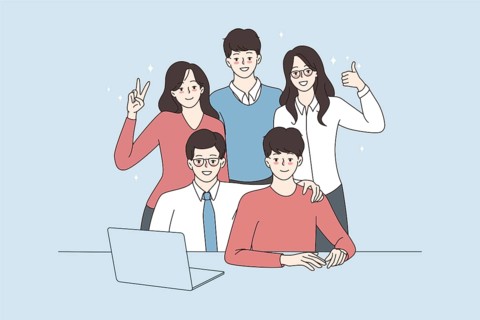 Portrait of smiling young diverse multiracial work team work together on computer. Happy