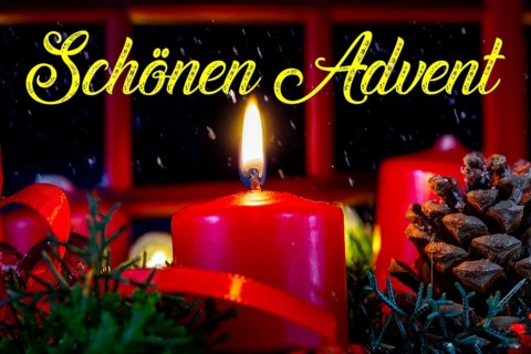 Advent greetings: Advent wreath with the words SCHÖNEN ADVENT in the background