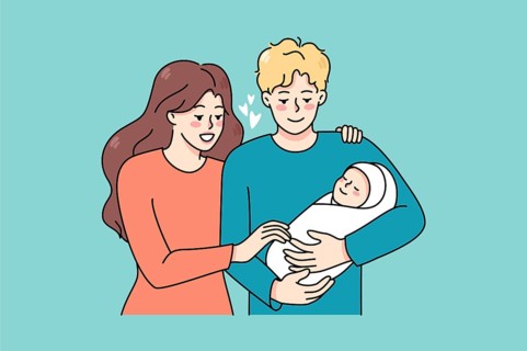 Happy young family with newborn baby enjoy parenthood together. Smiling parents hold in arms infant