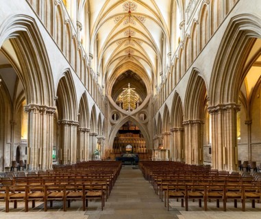 Wells, United Kingdom, 1 September, 2022: interior view of the Wells Cathedral in Someset with the