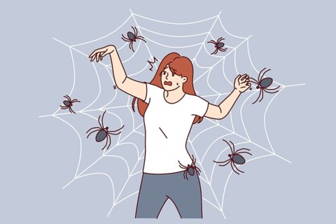Woman with fear of spiders is terrified of being entangled in cobweb and needs treatment for
