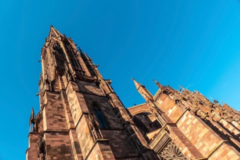 The facade of the Freiburg Minster in Freiburg im Breisgau, Germany, Europe