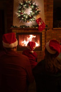 Family wearing Santa Claus hats sitting in front of the fireplace. Poland