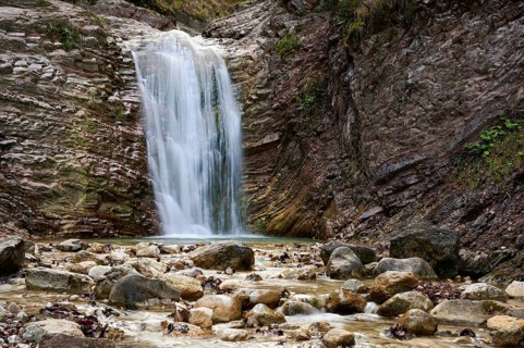 Waterfall in the Schleifmühlenklamm gorge, Unterammergau, Ammergau Alps, Upper Bavaria, Bavaria,