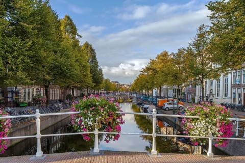 Cityscape of Leiden with channel in city center, Netherlands