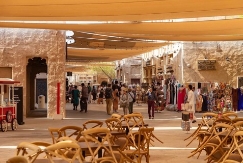 A picture of traditional shops at the Al Seef cultural and shopping complex