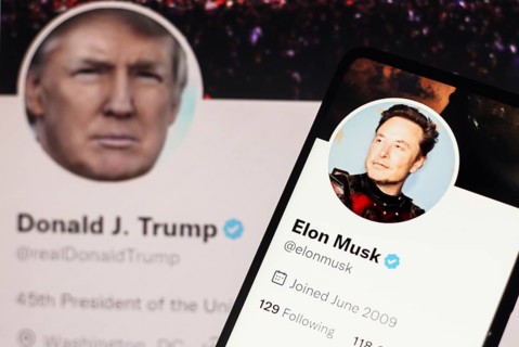 In this photo illustration, the Donald Trump Twitter account displayed on a laptop screen and Elon