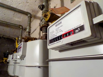 Row of gas meters in a basement in Düsseldorf