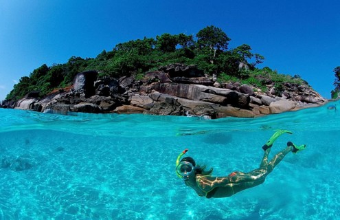 Snorkellers in front of tropical island, Similan Islands, Andaman Sea, Phuket, Thailand, Asia